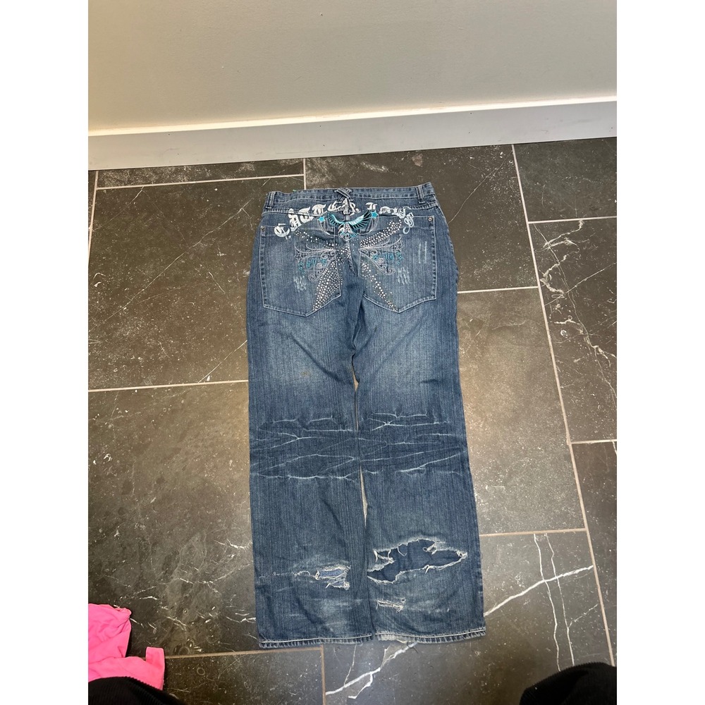 Artful Dodger Mens Y2K Baggy Distressed Embroidered Rhinestone Jeans Blue 36x32